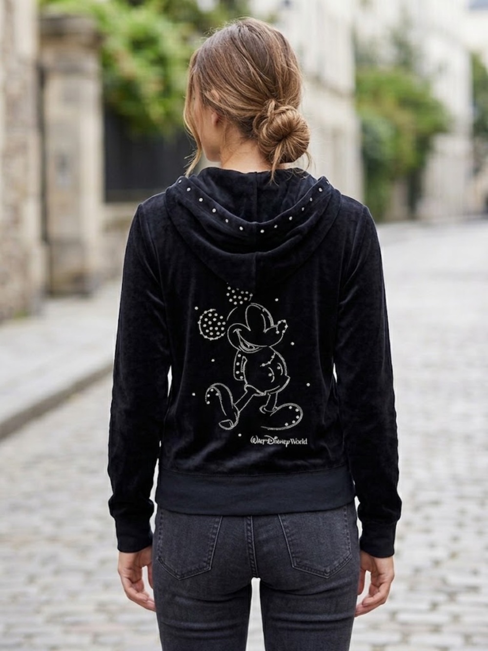Disney World Mickey Mouse Black Velvet Zip Hoodie with Crystals Rhinestones XL
